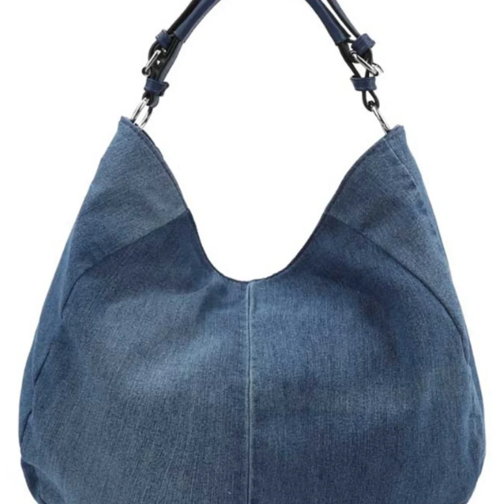 LeMiel Chillx. Medium Denim Hobo Style Handbag 90s Bohemian Silver Foil Accent - Picture 2 of 11